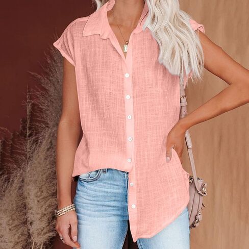 Button Down Shirts for Women Short Sleeve V Neck Blouses Loose Fit Dressy Casual Blouses Summer Vacation Clothes in Saudi Arabia