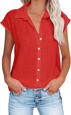 Button Down Shirts for Women Short Sleeve V Neck Blouses Loose Fit Dressy Casual Blouses Summer Vacation Clothes in Saudi Arabia