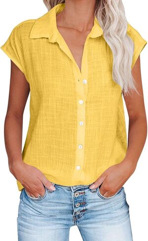 Button Down Shirts for Women Short Sleeve V Neck Blouses Loose Fit Dressy Casual Blouses Summer Vacation Clothes in Saudi Arabia