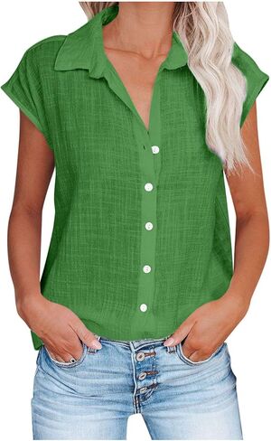 Button Down Shirts for Women Short Sleeve V Neck Blouses Loose Fit Dressy Casual Blouses Summer Vacation Clothes in Saudi Arabia