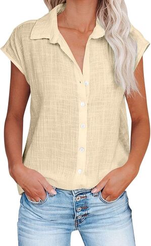Button Down Shirts for Women Short Sleeve V Neck Blouses Loose Fit Dressy Casual Blouses Summer Vacation Clothes in Saudi Arabia