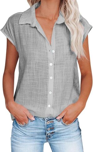 Button Down Shirts for Women Short Sleeve V Neck Blouses Loose Fit Dressy Casual Blouses Summer Vacation Clothes in Saudi Arabia