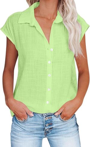 Button Down Shirts for Women Short Sleeve V Neck Blouses Loose Fit Dressy Casual Blouses Summer Vacation Clothes in Saudi Arabia