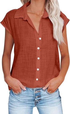 Button Down Shirts for Women Short Sleeve V Neck Blouses Loose Fit Dressy Casual Blouses Summer Vacation Clothes in Saudi Arabia