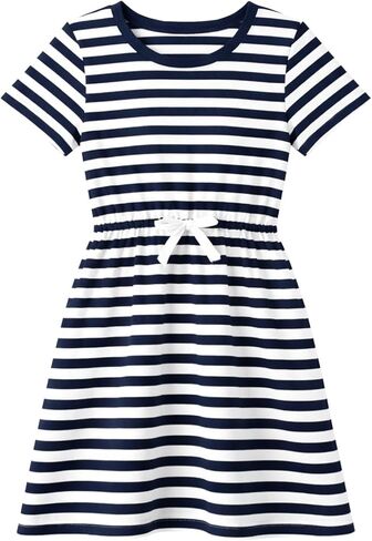 HILEELANG Girls' Striped Dress Elastic Waist Short Sleeve Spring Summer Casual Dress for Ages 5-13 in Saudi Arabia
