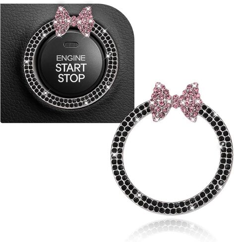 Bling Bow Car Engine Start Stop Button Decoration Ring, Cute Double Rhinestones Auto Key Ignition Button Ring Sticker, Sparkling Car Interior Buttons Accessories for Women(Black&Pink) in Saudi Arabia