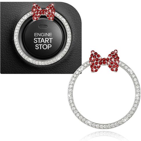 حلقة تزيين بزر إيقاف تشغيل محرك السيارة من Bling Bow، ملصق حلقة زر الإشعال التلقائي بأحجار الراين المزدوجة اللطيفة، ملحقات أزرار السيارة الداخلية المتلألئة للنساء (أسود ووردي) in Saudi Arabia