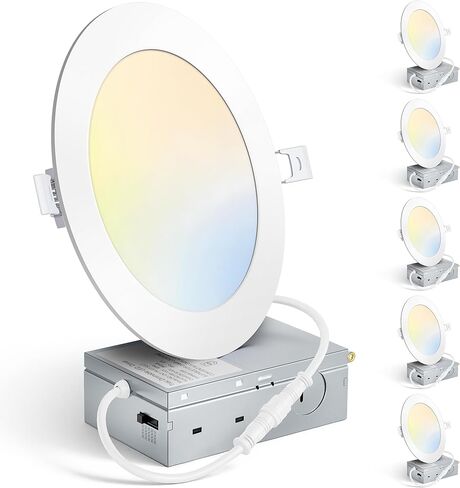 MAXvolador 6 Inch Ultra-Thin LED Recessed Ceiling Light with Junction Box 1200LM High Brightness 6-Pack, 5CCT 3000K/3500K/4000K/5000K/6500K Selectable, Dimmable Canless Wafer Downlight 12W 110W Eqv in Saudi Arabia