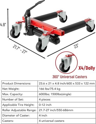Hydraulic Car Wheel Dolly Set of 4, Heavy Duty 6,000 LBS Capacity Vehicle Dollies with Foot Pedal for Tire Auto Repair Moving, Red in Saudi Arabia
