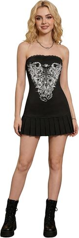 Women's Wing & Cross Print Strapless Dress - Lace Trim Pleated Hem Mini Dress for Y2K Goth & Gothic Streetwear in Saudi Arabia