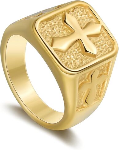 Men's Stainless Steel Cross Ring, Square Fashion Ring for mens Jewelry with 3D Cross Design in Gold/Black/Steel/Steel - Gold Color Size 6-15 in Saudi Arabia