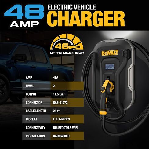 DEWALT Electric Vehicle Level 2 EV Charger up to 48 Amps 240V, App Control Bluetooth & Wi-Fi, CSA Certified Indoor/Outdoor Hardwired Wall Mounted Charging Station with 25 ft. Cable in Saudi Arabia