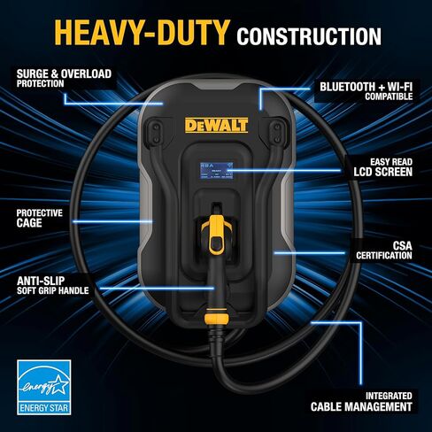 DEWALT Electric Vehicle Level 2 EV Charger up to 48 Amps 240V, App Control Bluetooth & Wi-Fi, CSA Certified Indoor/Outdoor Hardwired Wall Mounted Charging Station with 25 ft. Cable in Saudi Arabia