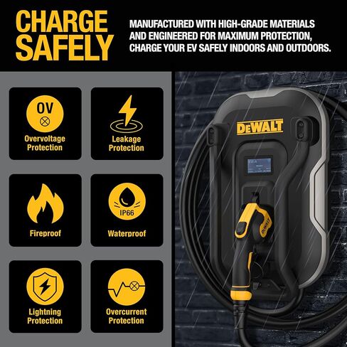 DEWALT Electric Vehicle Level 2 EV Charger up to 48 Amps 240V, App Control Bluetooth & Wi-Fi, CSA Certified Indoor/Outdoor Hardwired Wall Mounted Charging Station with 25 ft. Cable in Saudi Arabia