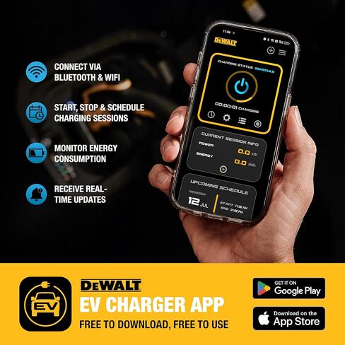 DEWALT Electric Vehicle Level 2 EV Charger up to 48 Amps 240V, App Control Bluetooth & Wi-Fi, CSA Certified Indoor/Outdoor Hardwired Wall Mounted Charging Station with 25 ft. Cable in Saudi Arabia
