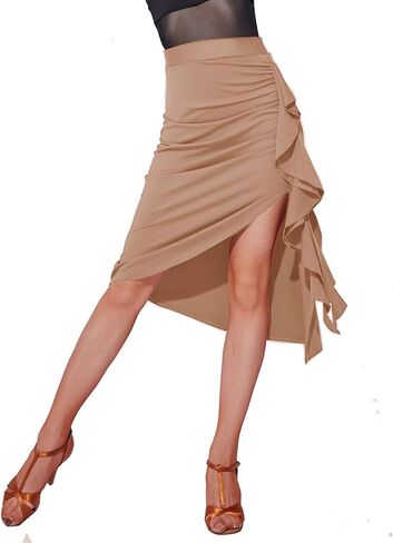 Women's Latin Tango Slasa Dance Skirt Asymmetrical Hem High Waist Half-Body Skirt Practice Dance Dress in Saudi Arabia