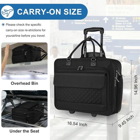 حقيبة كمبيوتر محمول متدحرجة بعجلات صامتة | للرجال والنساء، يناسب جهاز كمبيوتر محمول مقاس 16 بوصة، وسفر العمل، والرحلة الليلية، على شكل حقيبة، أسود in Kuwait