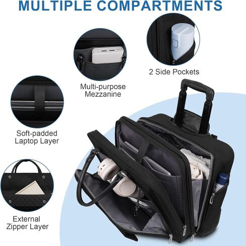 حقيبة كمبيوتر محمول متدحرجة بعجلات صامتة | للرجال والنساء، يناسب جهاز كمبيوتر محمول مقاس 16 بوصة، وسفر العمل، والرحلة الليلية، على شكل حقيبة، أسود in Kuwait