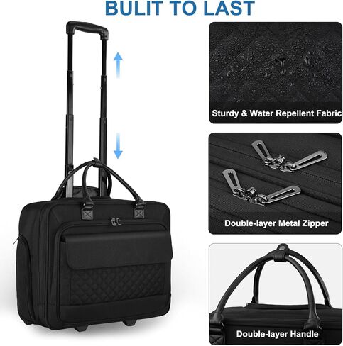 حقيبة كمبيوتر محمول متدحرجة بعجلات صامتة | للرجال والنساء، يناسب جهاز كمبيوتر محمول مقاس 16 بوصة، وسفر العمل، والرحلة الليلية، على شكل حقيبة، أسود in Kuwait