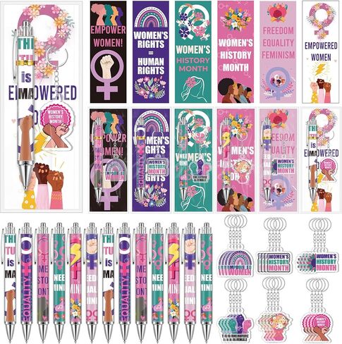 72 Pcs Women's History Month Gifts Bulk International Women Day Appreciation Set with Inspirational Female Rights Awareness Ballpoint Pen Bookmarks and Keychains for Party Office Community in Saudi Arabia