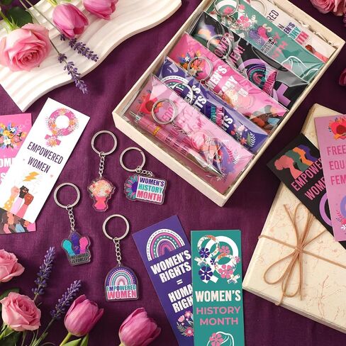 72 Pcs Women's History Month Gifts Bulk International Women Day Appreciation Set with Inspirational Female Rights Awareness Ballpoint Pen Bookmarks and Keychains for Party Office Community in Saudi Arabia
