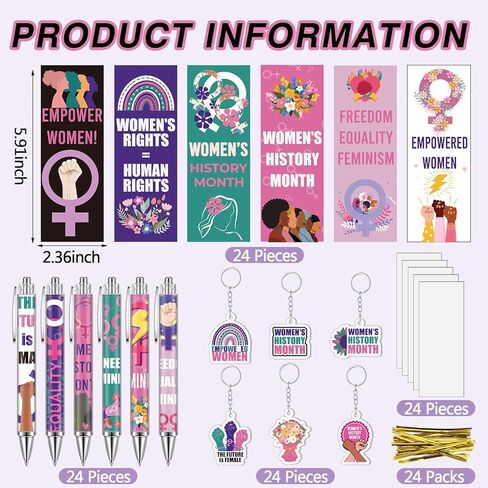 72 Pcs Women's History Month Gifts Bulk International Women Day Appreciation Set with Inspirational Female Rights Awareness Ballpoint Pen Bookmarks and Keychains for Party Office Community in Saudi Arabia