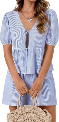 LYANER Women's 2 Piece Striped Outfits V Neck Tie Front Puff Sleeve Peplum Top Baggy Shorts Summer Cute Beach Sets in Saudi Arabia