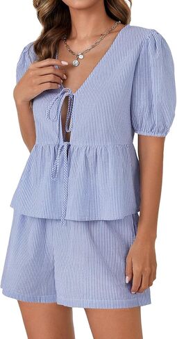 LYANER Women's 2 Piece Striped Outfits V Neck Tie Front Puff Sleeve Peplum Top Baggy Shorts Summer Cute Beach Sets in Saudi Arabia