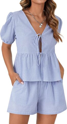 LYANER Women's 2 Piece Striped Outfits V Neck Tie Front Puff Sleeve Peplum Top Baggy Shorts Summer Cute Beach Sets in Saudi Arabia