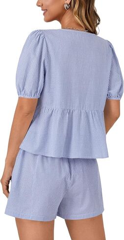 LYANER Women's 2 Piece Striped Outfits V Neck Tie Front Puff Sleeve Peplum Top Baggy Shorts Summer Cute Beach Sets in Saudi Arabia