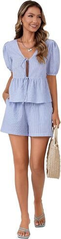 LYANER Women's 2 Piece Striped Outfits V Neck Tie Front Puff Sleeve Peplum Top Baggy Shorts Summer Cute Beach Sets in Saudi Arabia
