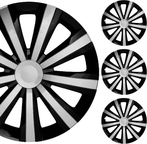 15" Universal Silver/Gloss Black Car Wheel Cover/Hubcap Set | Replacement Snap On | Set of 4 | Universal Fit for 15 Inch Base Stock Rims in Saudi Arabia