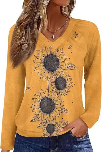 Womens Long Sleeve Delicate Chest Pleats Tops V Neck Dressy Casual Shirts Fashion Floral Prints Blouses in Kuwait