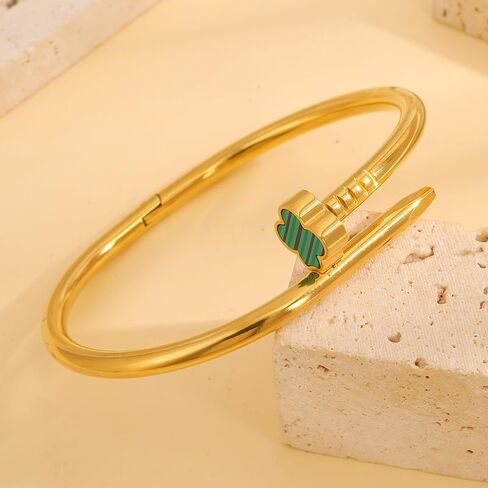 Four Leaf Clover Nail Bracelet for Women – 18K Gold Plated Stainless Steel Adjustable Cuff Jewelry in Saudi Arabia