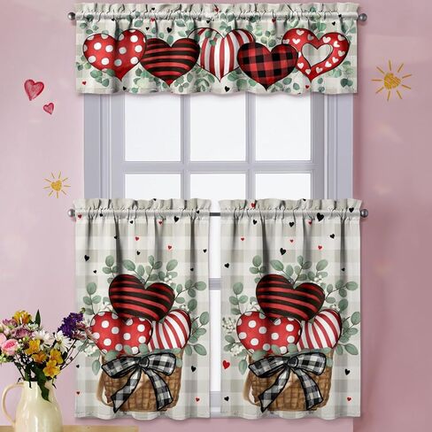 Valentines Day Kitchen Curtains Valances and Tiers 3 Piece Set,Eucalyptus Buffalo Plaid Love Hearts Farmhouse Rod Pocket Kitchen Cafe Curtain Over Sink Window for Autumn Decor 36 Inch (Pink) in Saudi Arabia