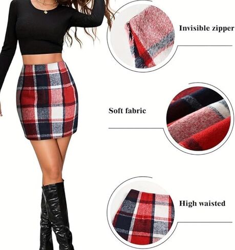 Women's High Waist Plaid Bodycon Pencil Skirt - Wool Blend Mini Skirt in Saudi Arabia