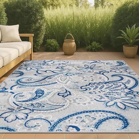 JONATHAN Y Paisley High-Low Indoor Outdoor Area Rug 5X8 Light Gray/Blue, Gordes for Backyard, Patio, Porch, Easy-Cleaning, High Traffic, Pet-Friendly, Non-Shedding (AMC103C-5) in Saudi Arabia