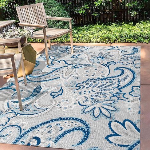 JONATHAN Y Paisley High-Low Indoor Outdoor Area Rug 5X8 Light Gray/Blue, Gordes for Backyard, Patio, Porch, Easy-Cleaning, High Traffic, Pet-Friendly, Non-Shedding (AMC103C-5) in Saudi Arabia