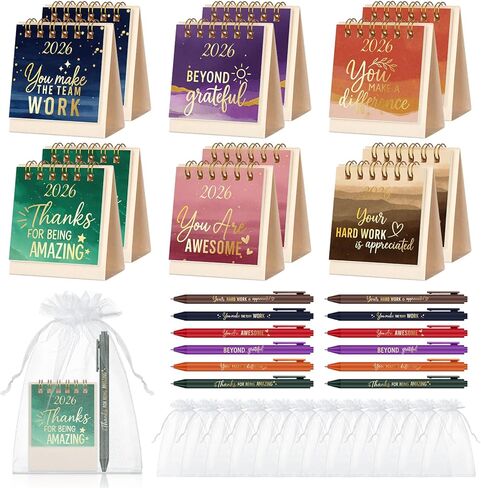 ReliThick 12 Sets 2026 Mini Desk Calendar Gifts Bulk Christmas Employee Appreciation Gifts Small Calendar with Pens Drawstring Bags Present for Coworkers Team Friends Family(Classic Style) in Saudi Arabia
