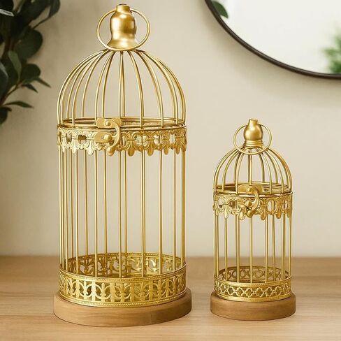 فوانيس شموع على شكل قفص العصافير من فيلا لانترنز - مجموعة من فوانيس معدنية مزخرفة على قاعدة خشبية - سطح طاولة مزرعة عتيقة وفانوس معلق لحفلات الزفاف والحفلات وديكور المنزل، ذهبي in Kuwait