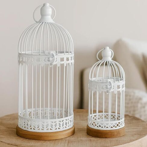 VELA LANTERNS Birdcage Candle Lanterns – Set of 2 Decorative Metal Lanterns on Wooden Base – Vintage Farmhouse Tabletop & Hanging Lantern for Weddings, Parties & Home Decor, Gold in Saudi Arabia