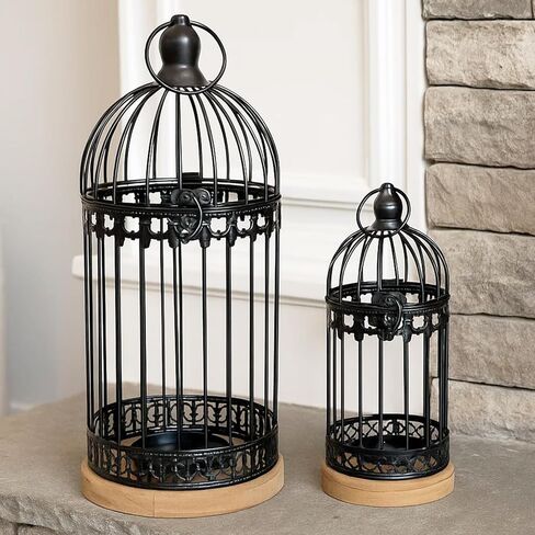 VELA LANTERNS Birdcage Candle Lanterns – Set of 2 Decorative Metal Lanterns on Wooden Base – Vintage Farmhouse Tabletop & Hanging Lantern for Weddings, Parties & Home Decor, Gold in Saudi Arabia