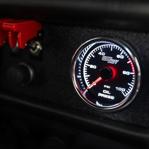 طقم قياس ضغط الزيت GlowShift 2-5/8 بوصة ميكانيكي للسباق 100 رطل لكل بوصة - يتضمن خرطوم نحاسي وتركيبات ومحول - قرص أسود - إضاءة خلفية LED بيضاء - لسيارات السباق - 65 مم in Saudi Arabia