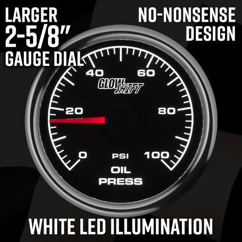 طقم قياس ضغط الزيت GlowShift 2-5/8 بوصة ميكانيكي للسباق 100 رطل لكل بوصة - يتضمن خرطوم نحاسي وتركيبات ومحول - قرص أسود - إضاءة خلفية LED بيضاء - لسيارات السباق - 65 مم in Saudi Arabia