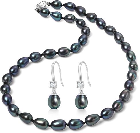 8-9MM Cultured Pearl Necklace Set Includes Bracelet and Hook Earrings, Black/White Pearl Jewelry Gift for Women Mother's Day, Anniversary, Birthday, Wedding in Kuwait