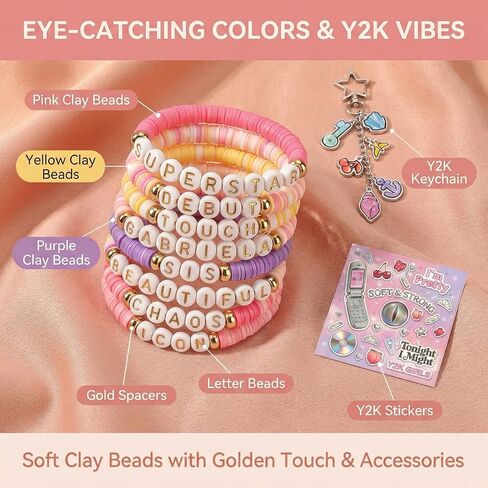 مجموعة أساور Y2K Pop مطرزة مع سلسلة مفاتيح، 8 قطع من المجوهرات الجمالية الوردية القابلة للتمدد، لمحبي Y2K in Kuwait