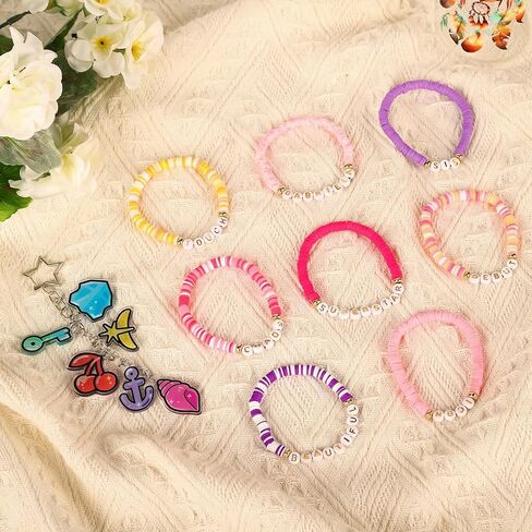 مجموعة أساور Y2K Pop مطرزة مع سلسلة مفاتيح، 8 قطع من المجوهرات الجمالية الوردية القابلة للتمدد، لمحبي Y2K in Kuwait