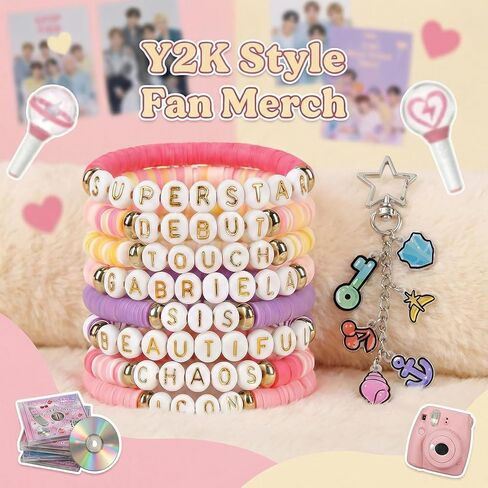مجموعة أساور Y2K Pop مطرزة مع سلسلة مفاتيح، 8 قطع من المجوهرات الجمالية الوردية القابلة للتمدد، لمحبي Y2K in Kuwait