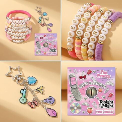 مجموعة أساور Y2K Pop مطرزة مع سلسلة مفاتيح، 8 قطع من المجوهرات الجمالية الوردية القابلة للتمدد، لمحبي Y2K in Kuwait