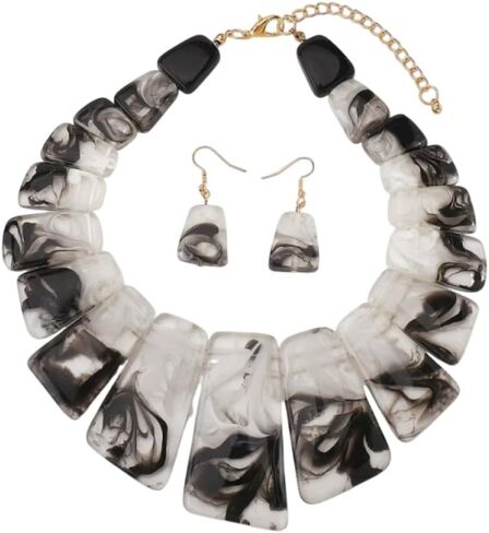 Dtja Vintage Geometric Jewelry Set Boho Statement Dangle Earrings Pendant Necklace for Women Exaggerate Bohemian Resin Square Charms Adjustable Chain Ethnic Wedding Holiday Jewelry in Saudi Arabia